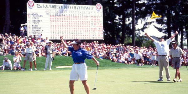 Image of Nancy Lopez, fist pumping the air after making a putt at the US Women's Open