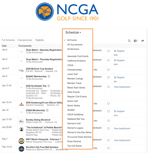 NCGA Master Calendar Schedule Filter