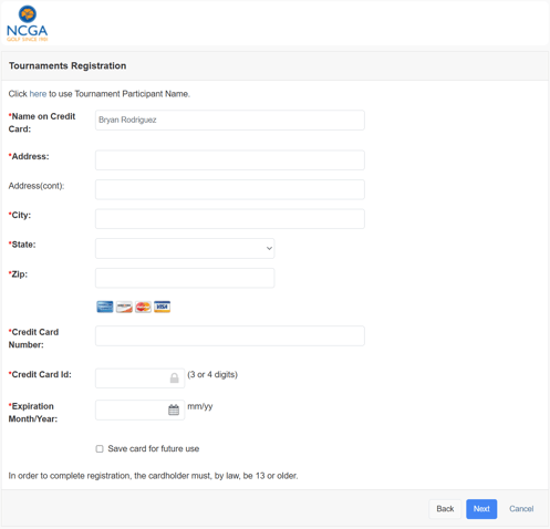 Credit Card Information Page