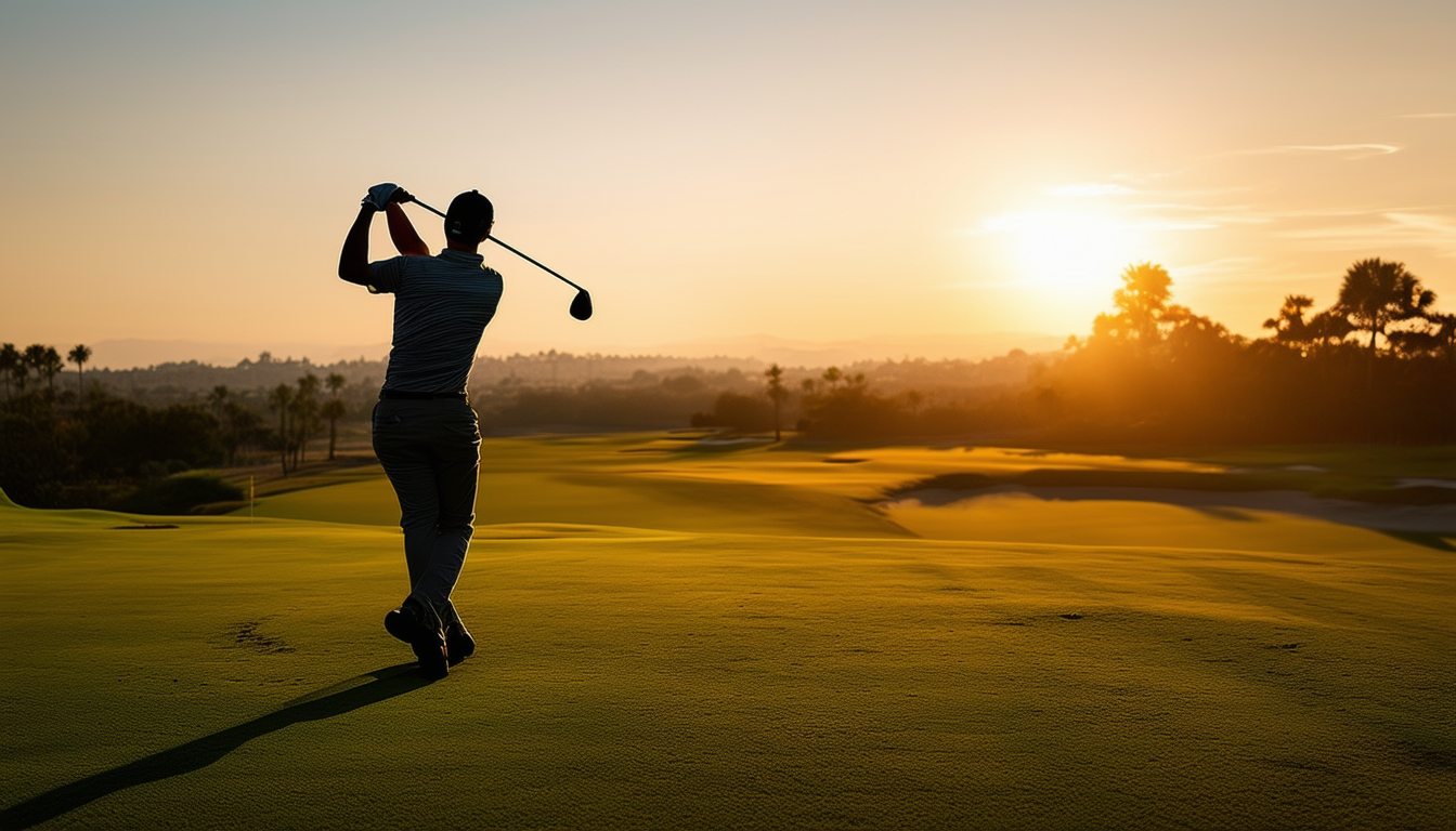 A golfer in mid-swing, capturing the essence of de